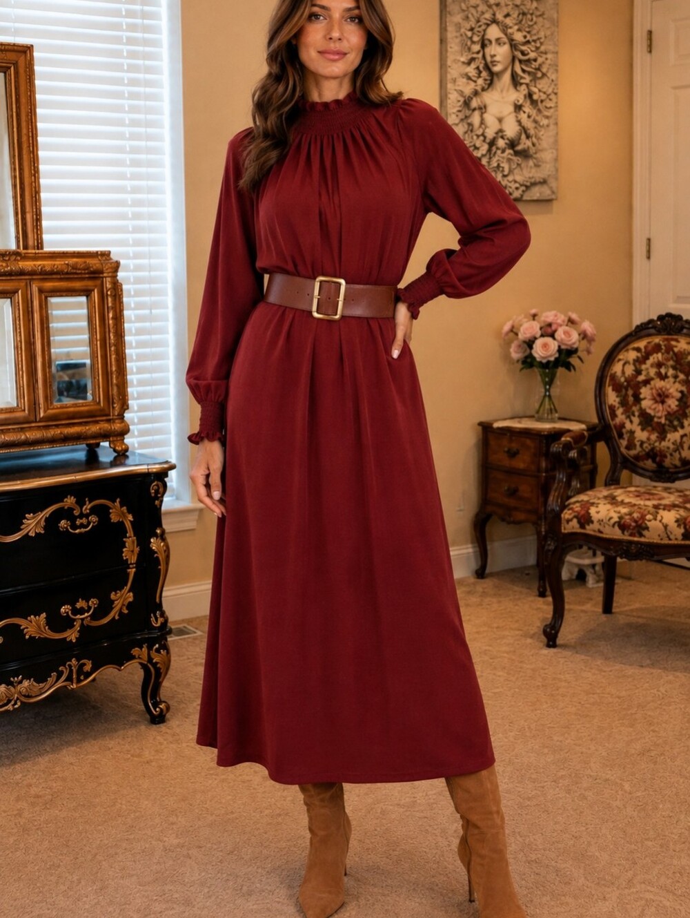 The Korner Anthropologie Burgundy Mock Neck Maxi Dress NWT Small